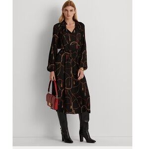 Lauren Ralph Lauren Black Tassel Print Georgette tie-neck Dress